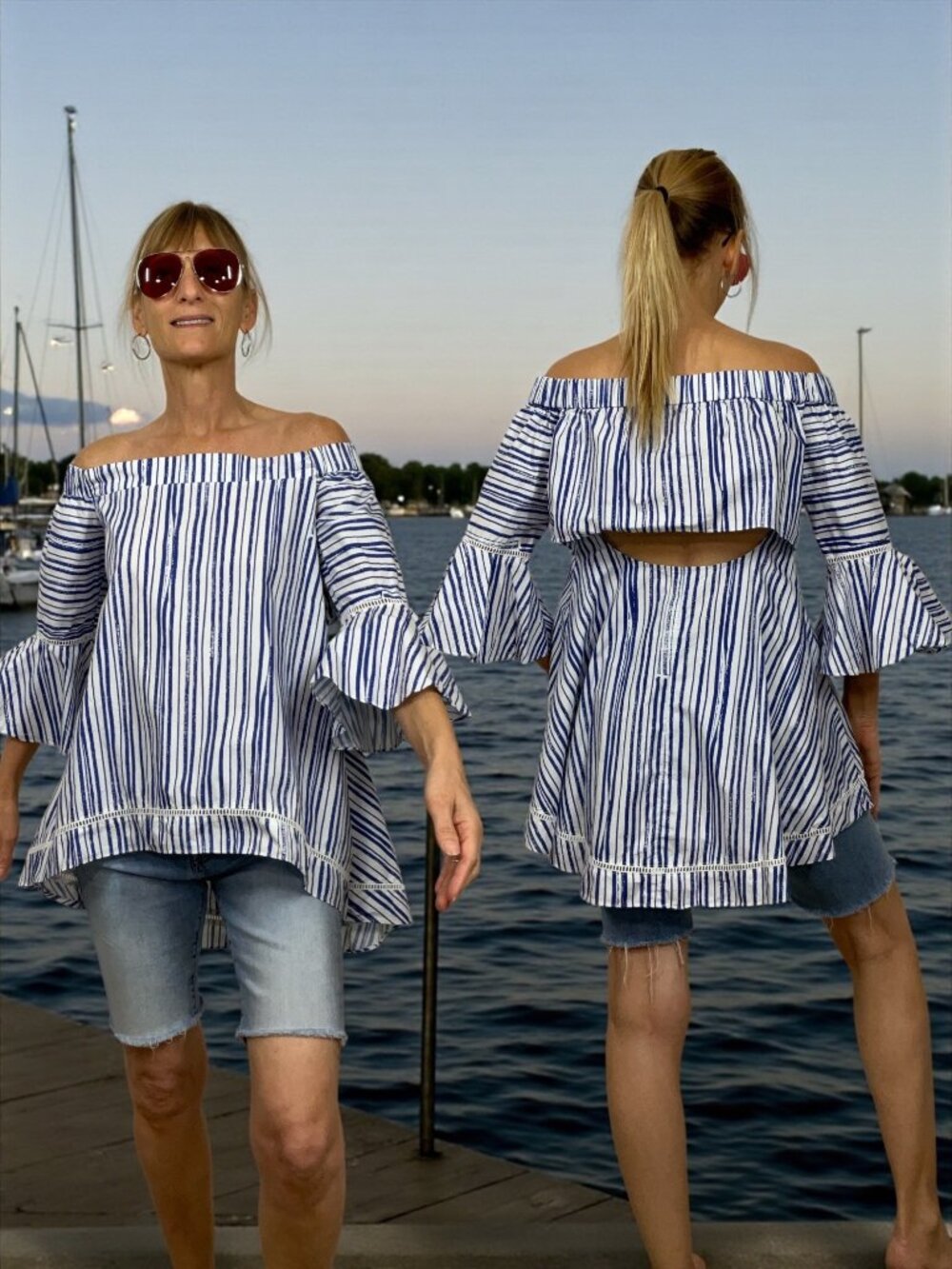 N/Nicholas Blue Stripe Off Shoulder Tunic Top 6 Cutout Back Nautical Cotton